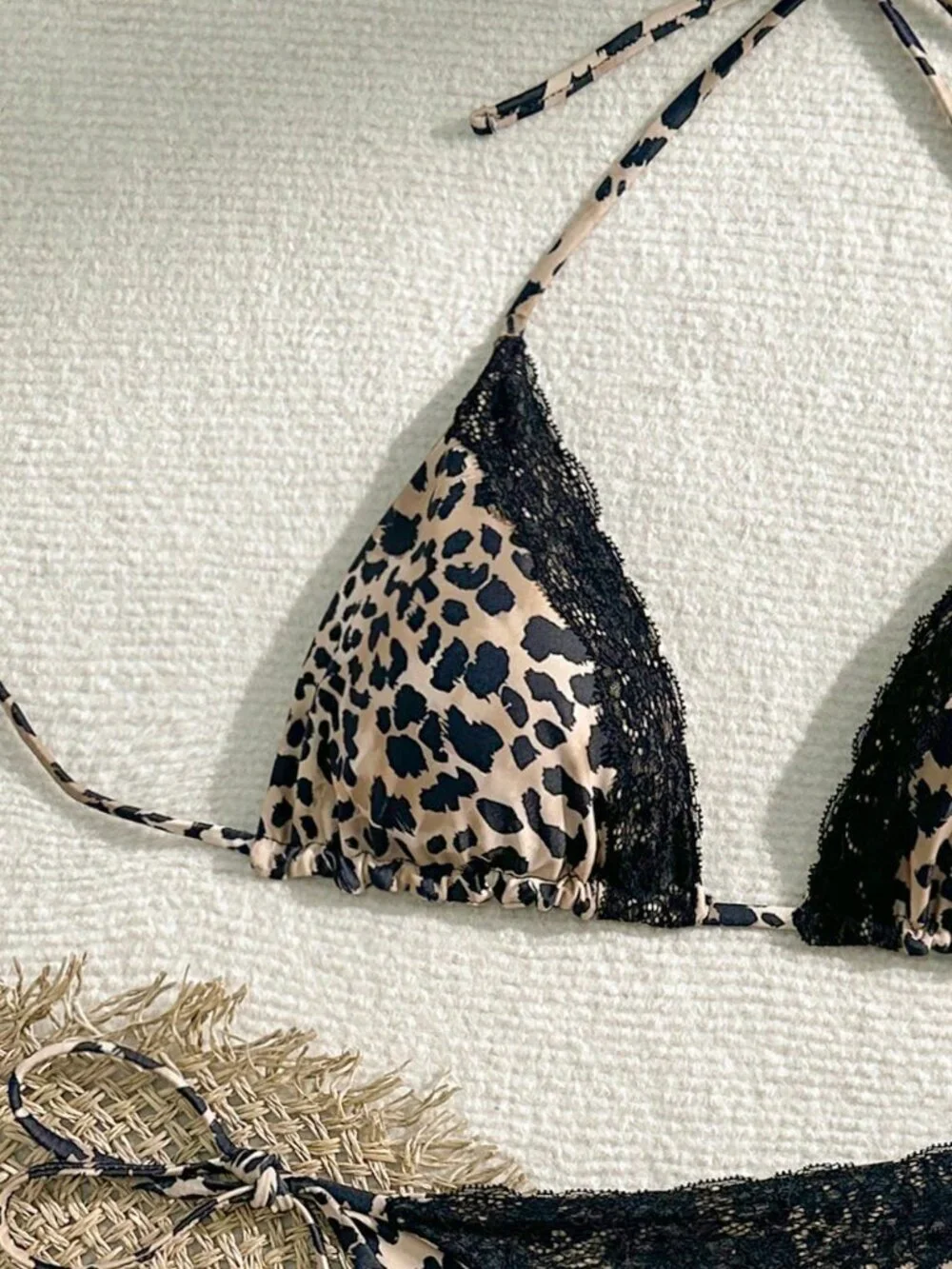 Multicolor Sexy Women's Leopard Print Lace Trim Halter Bikini Set